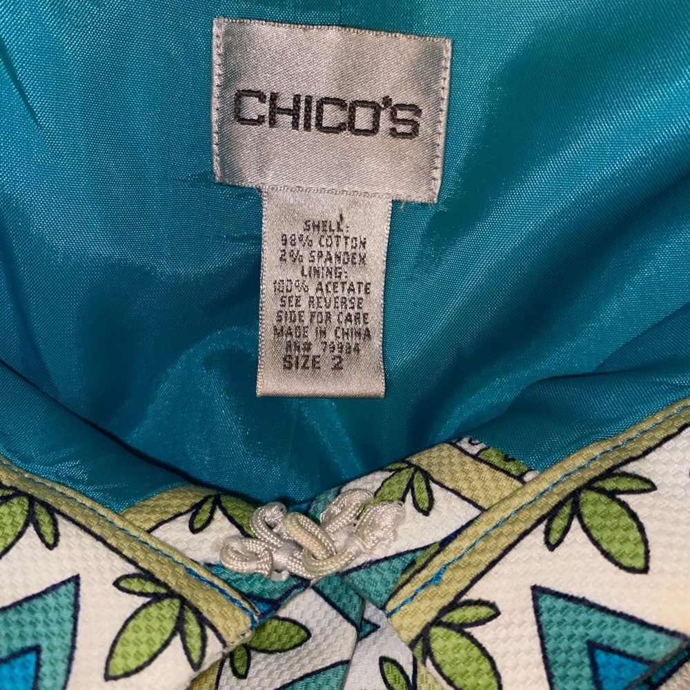 Chico's Jacket Women's Sz 12 Teal Chartreuse Royal Blue Flare 3/4 Sleeves Tribal - Picture 2 of 7